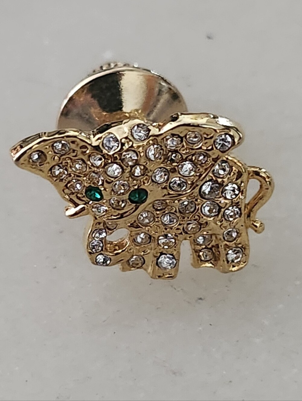 Super Cute Gold Tone Crystal Baby Elephant Lapel Pin - Green Eye Accent
